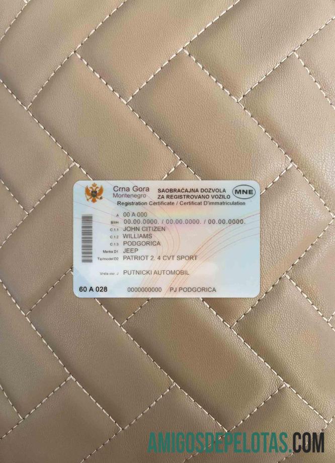 Montenegro Vehicle Registration Certificate olhar de foto frente modelo